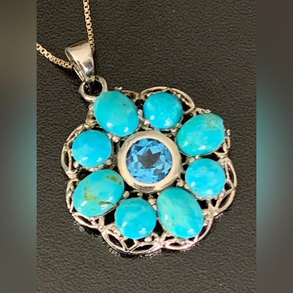 925 Sterling Silver Accessories - Vintage 925 Sterling Silver Turquoise With Blue Topaz Flower Pendant Necklace